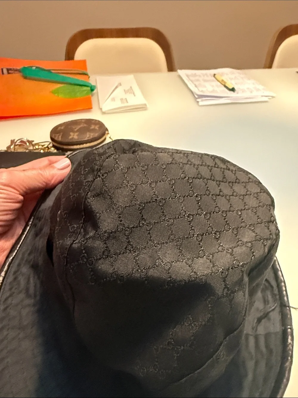 Gucci Black Bucket Hat with Brown Web Trim and Gold Plaque